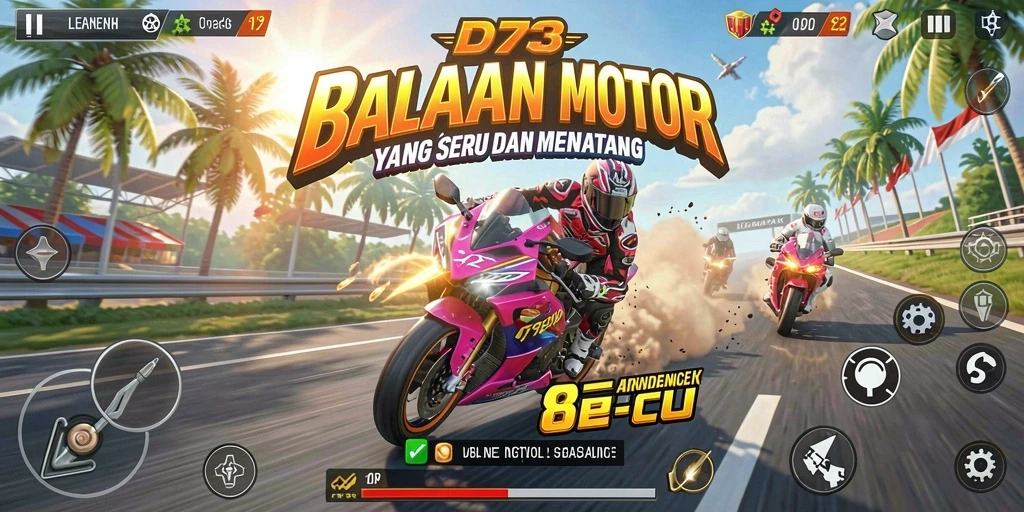 Gameplay D73 dengan mobil balap di lintasan yang menantang.