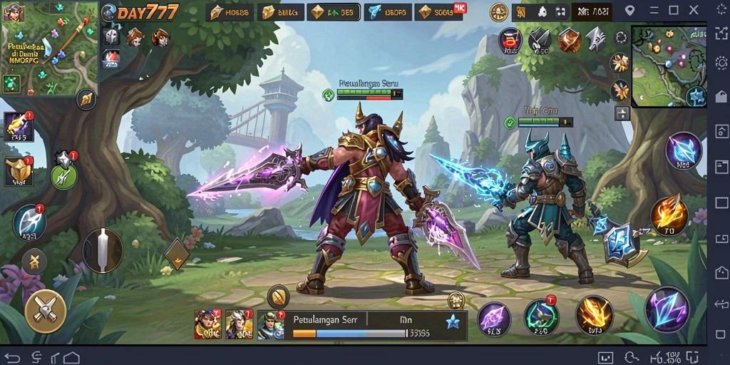 Screenshot menunjukkan pertarungan epik di dunia MMORPG DAY777.