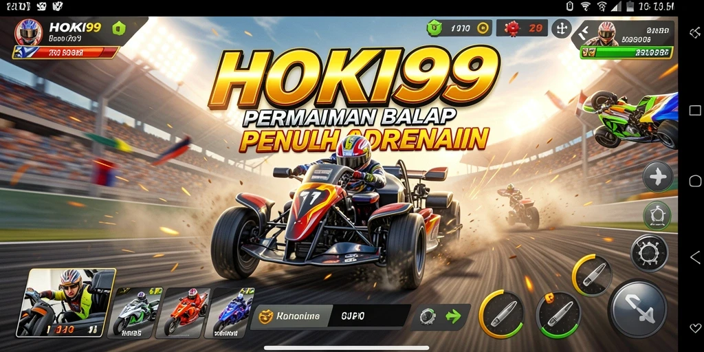 Tampilan gameplay HOKI99 dengan mobil balap yang cepat dan lintasan menantang.