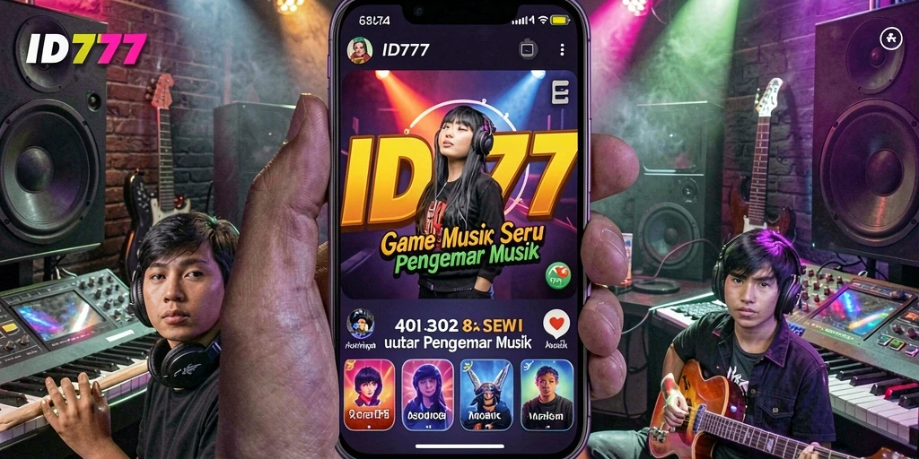 Screenshot utama ID777 menampilkan gameplay musik yang dinamis dan interaktif.