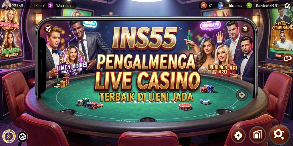 Screenshot gameplay INS55 yang menampilkan dealer profesional dan suasana kasino langsung.
