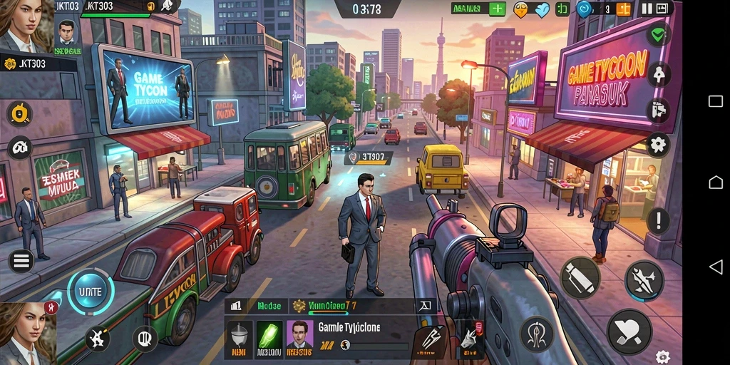 Tangkapan layar utama dari gameplay <strong>JKT303</strong> yang menunjukkan aktivitas bisnis yang dinamis.