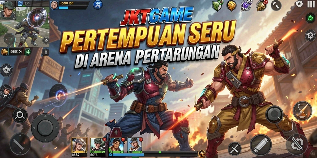 Tampilan utama JKTGAME dengan aksi pertarungan yang menegangkan.