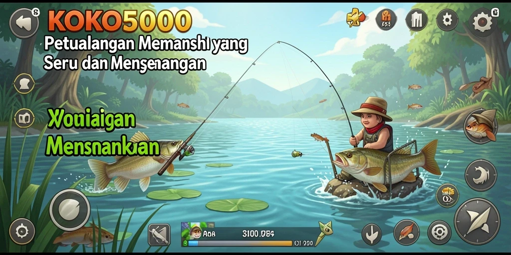 Screenshot gameplay KOKO5000 menampilkan aksi memancing yang seru.