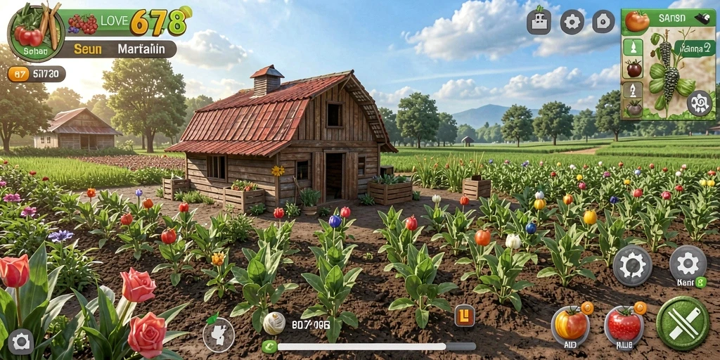 Tampilan gameplay LOVE678 yang menarik dengan kegiatan bertani.