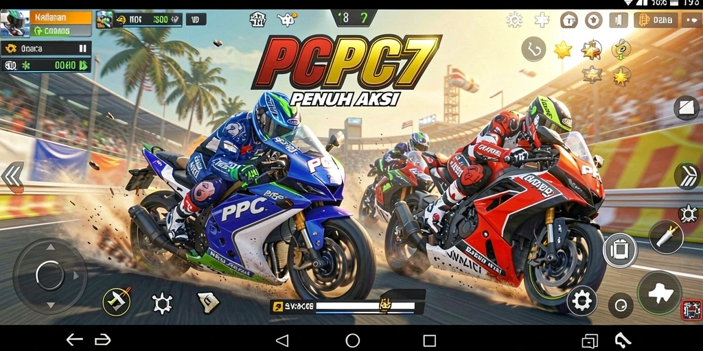 Tampilan gameplay balapan motor PCPC7 yang seru dan mendebarkan.