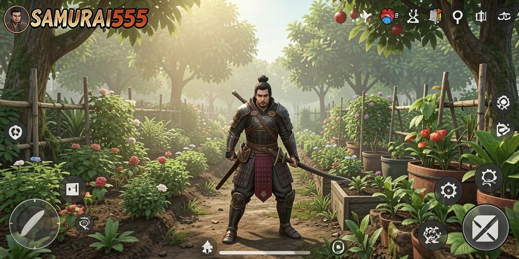 Gameplay SAMURAI555 dengan tampilan kebun yang subur dan produktif.