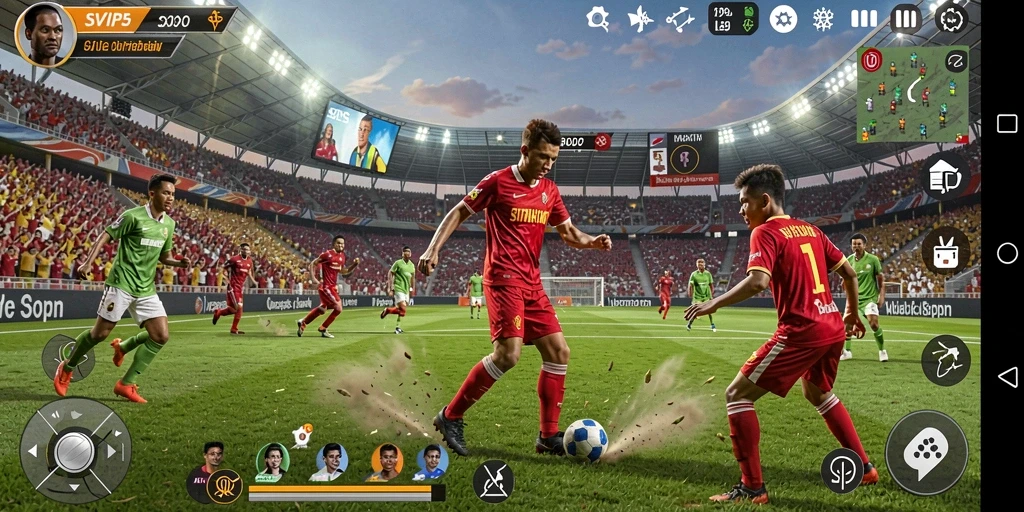 Screenshot gameplay SVIP5 yang menunjukkan aksi seru di lapangan olahraga.