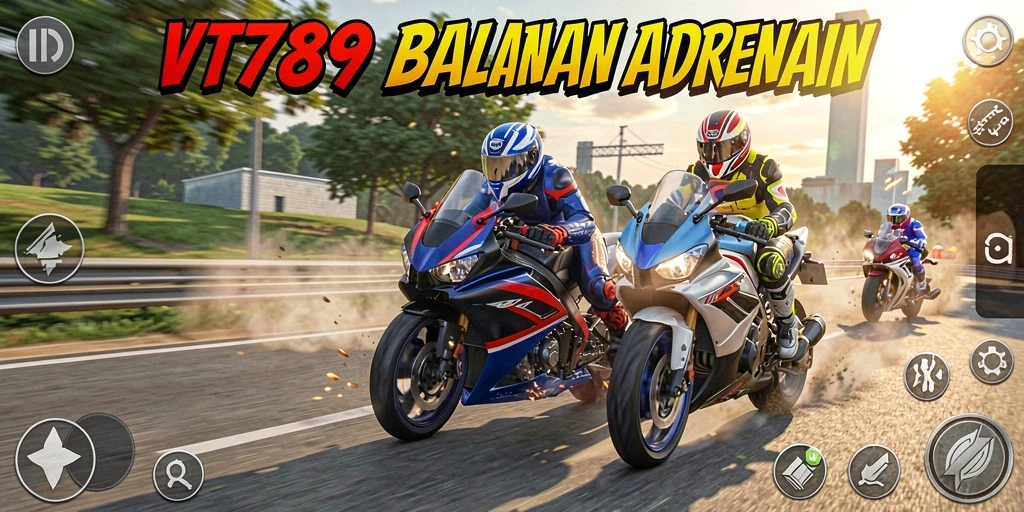 Tangkapan layar utama VT789 menampilkan aksi balapan motor yang mendebarkan.